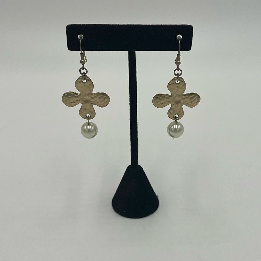 Rustic Style Hammered Gold Tone and Faux Pearl Floral Dangle Earrings